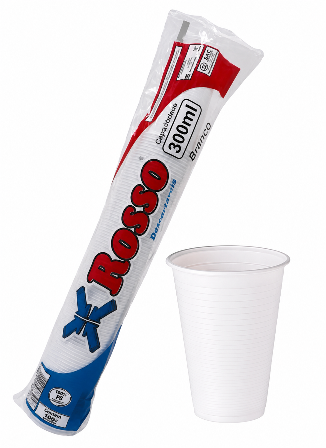 Tira de Copo Plástico Descartavel - Branco com 300ml - Tira com 100 Unidades - ROSSO